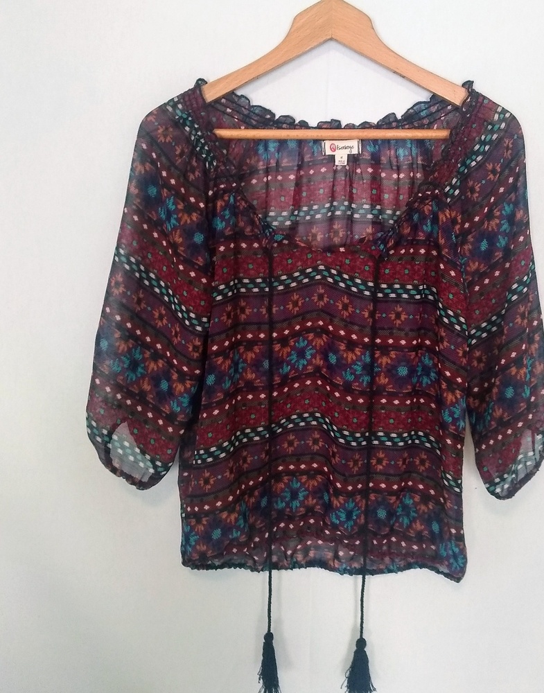 Olsenboye Boho Chic Sheer Print Hippie Peasant Top